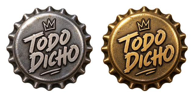 Dos chapitas de botella con el logo de Todo Dicho, una plateada y una dorada